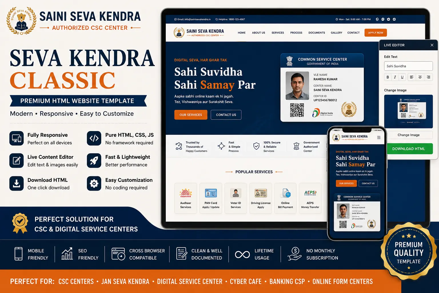 Seva Kendra Classic – Premium Responsive HTML Website Template with Live Editor